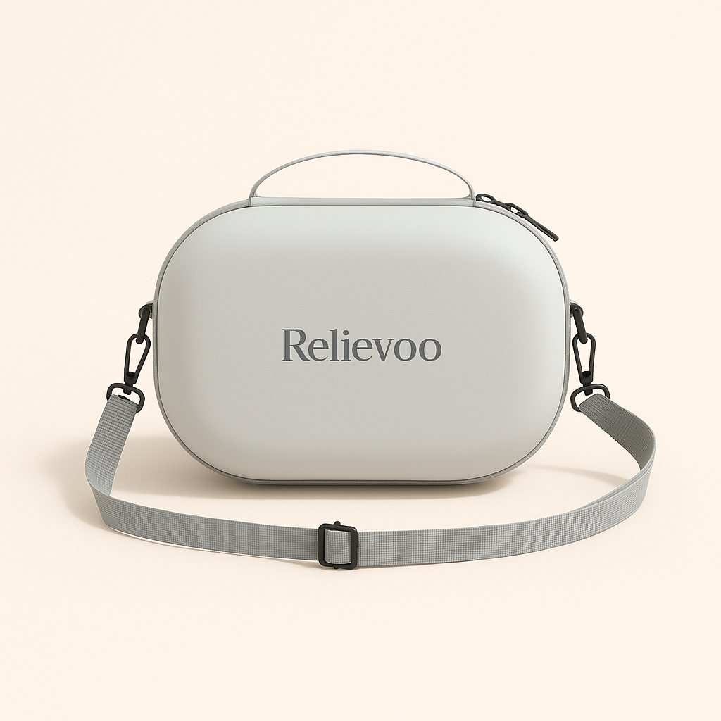 Relievoo hard-shell breast pump carrying case — in use