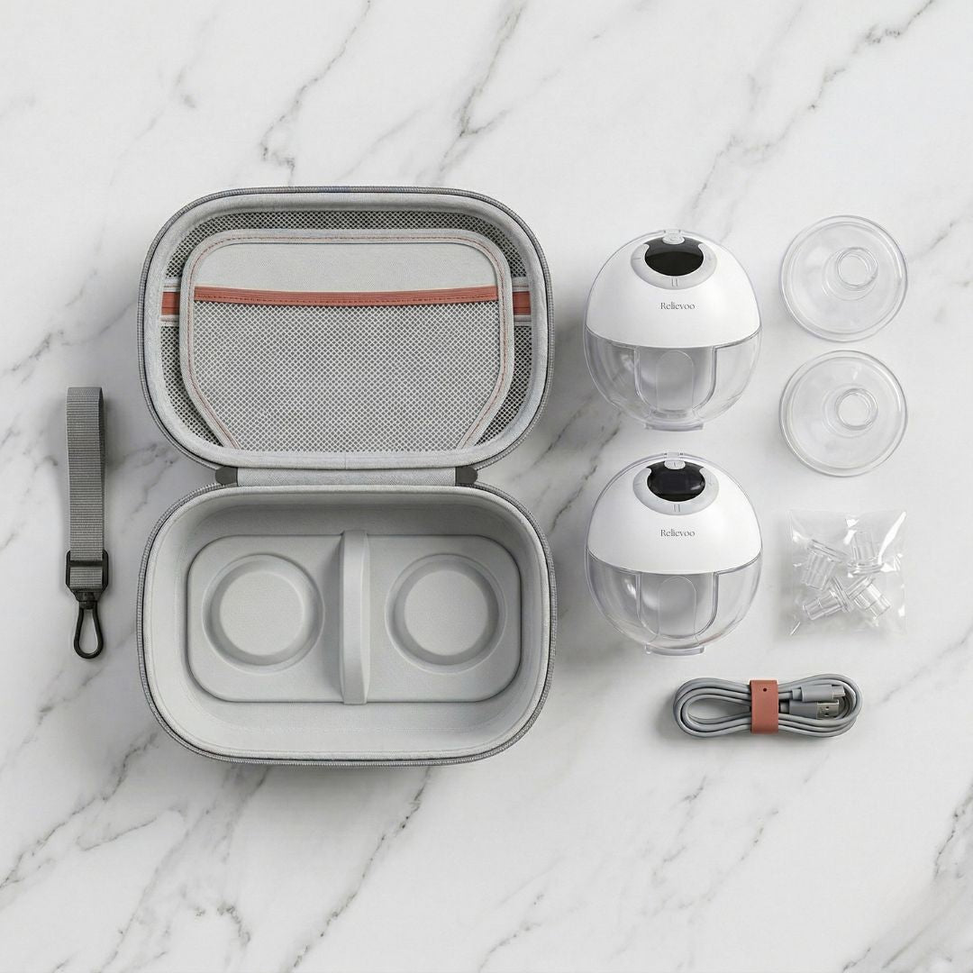 Relievoo complete pumping kit with wearable pump and carrying case — in use
