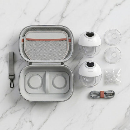 Relievoo complete pumping kit with wearable pump and carrying case — in use