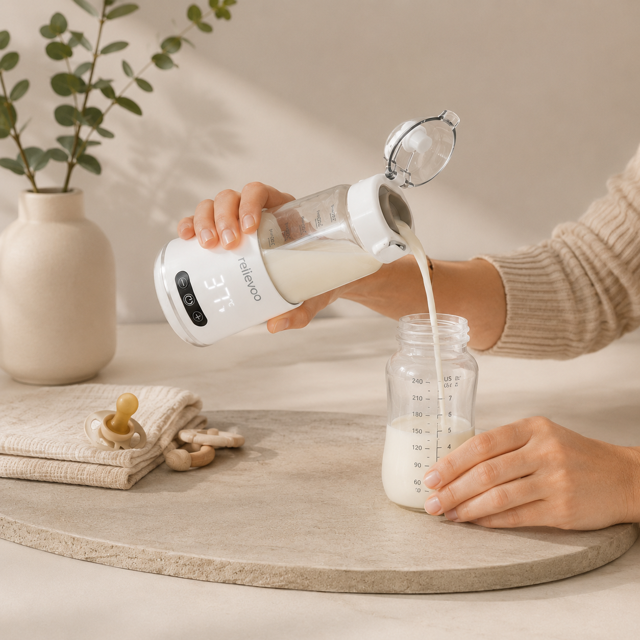 Relievoo cordless portable bottle warmer for breast milk and formula — in use