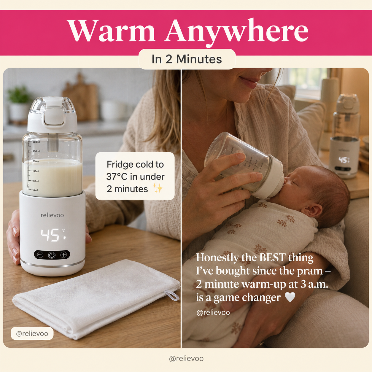 Relievoo cordless portable bottle warmer for breast milk and formula — lifestyle