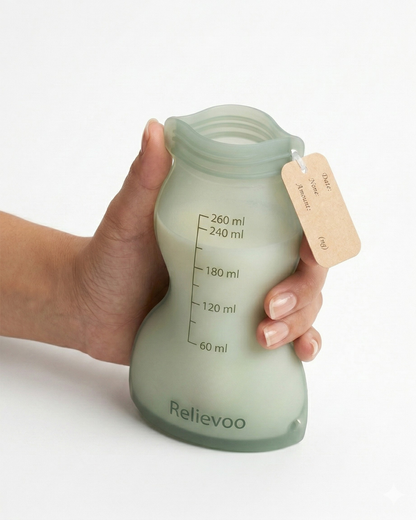 Relievoo reusable silicone breast milk storage bags — in use