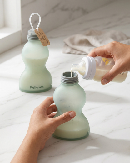 Relievoo reusable silicone breast milk storage bags — lifestyle