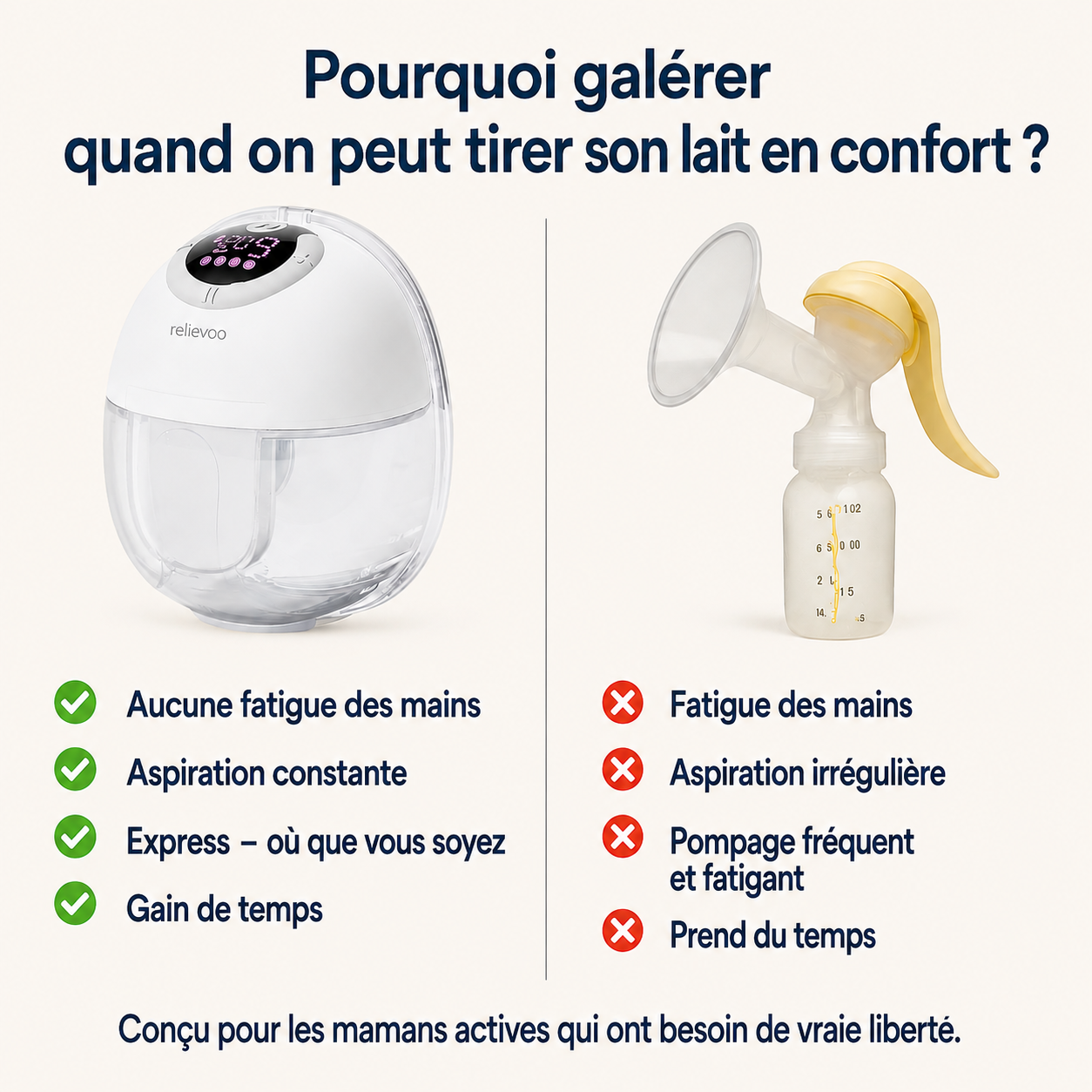 Tire-lait portable Relievoo vs tire-lait manuel — mains libres, aspiration constante