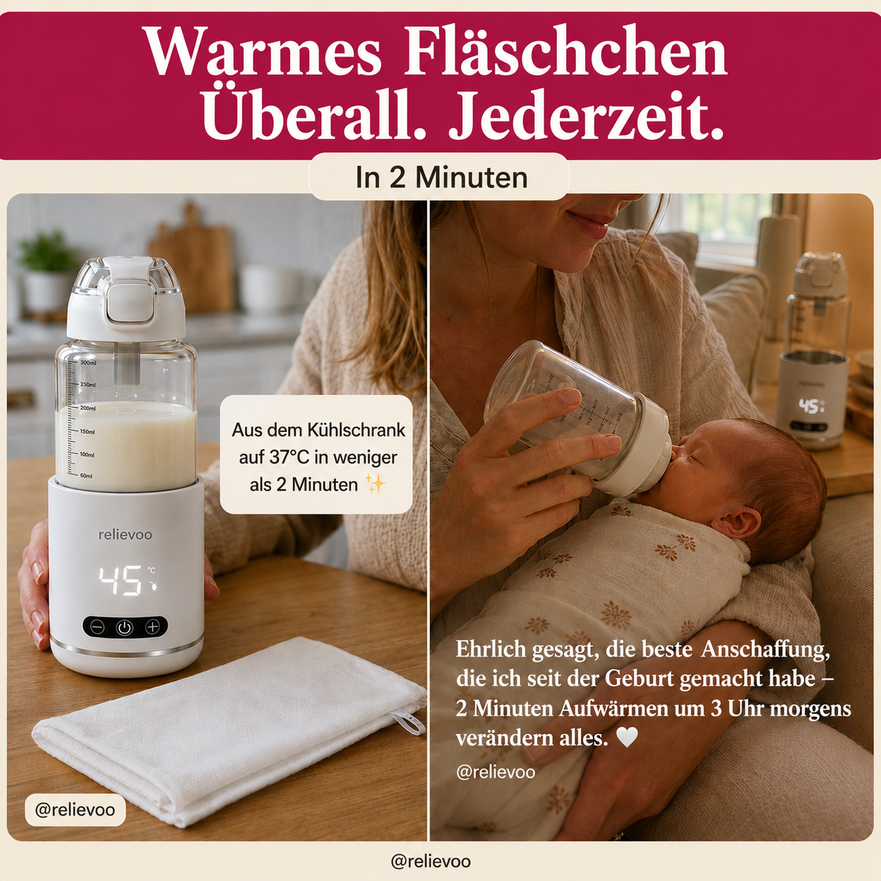 Warmes Fläschchen überall in 2 Minuten mit dem Relievoo Flaschenwärmer