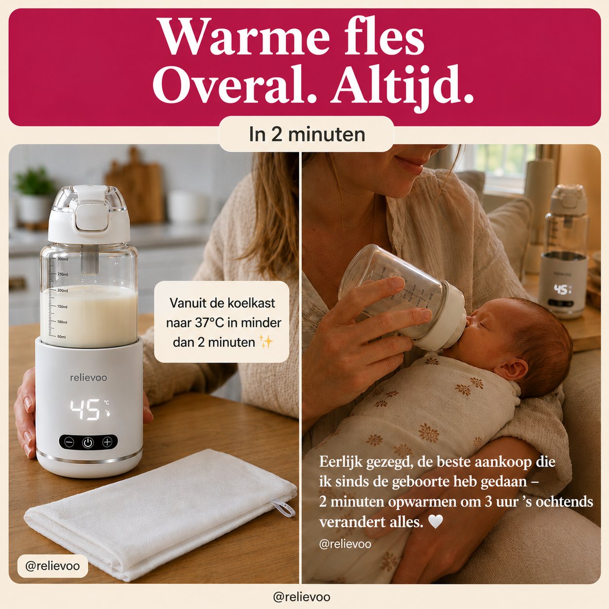 Warme fles overal in 2 minuten met de Relievoo flessenwarmer