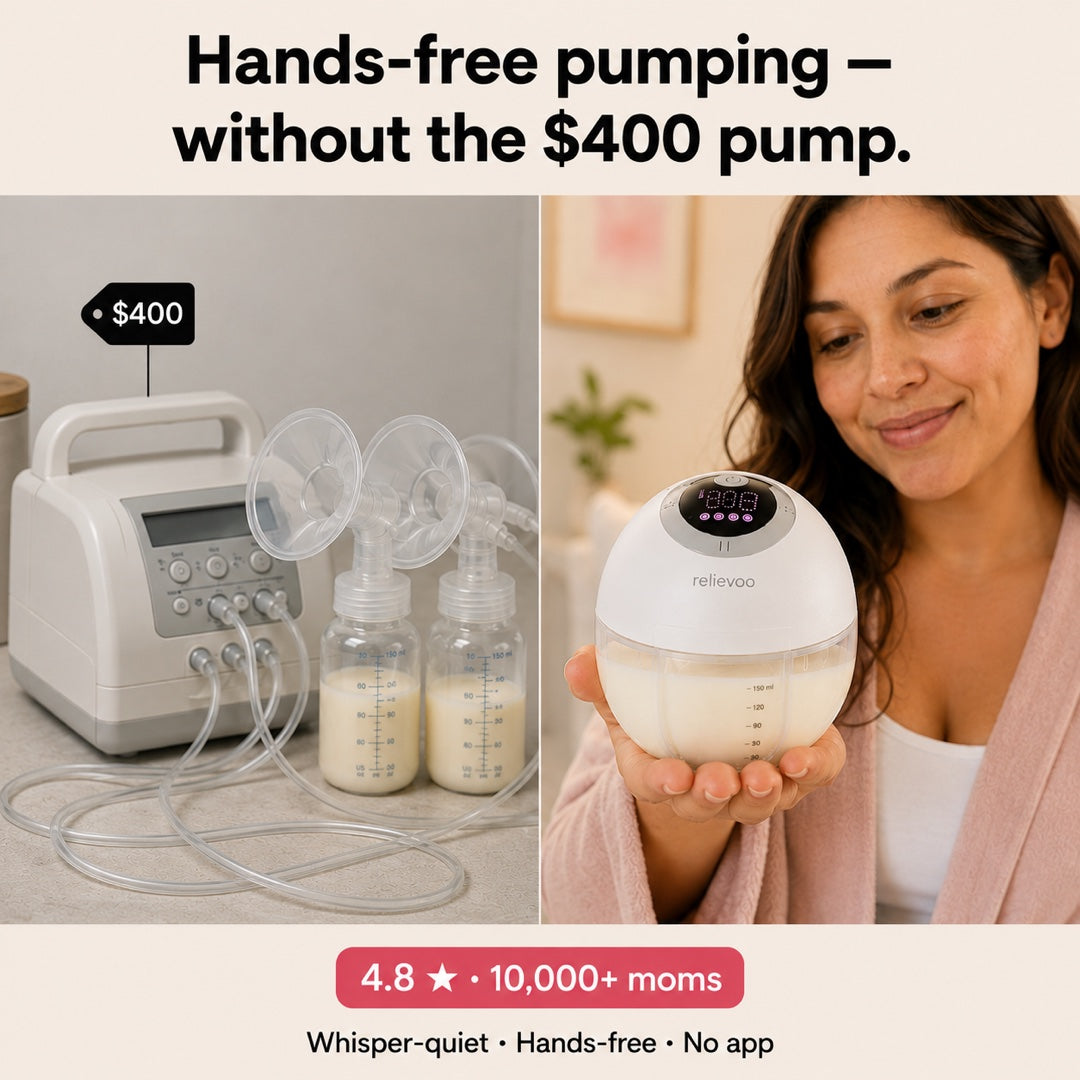 Comparison: a bulky $400 plug-in breast pump with tubes versus a smiling mom holding the compact Relievoo hands-free wearable pump. Rated 4.8 stars by 10,000+ moms. Whisper-quiet, hands-free, no app.
