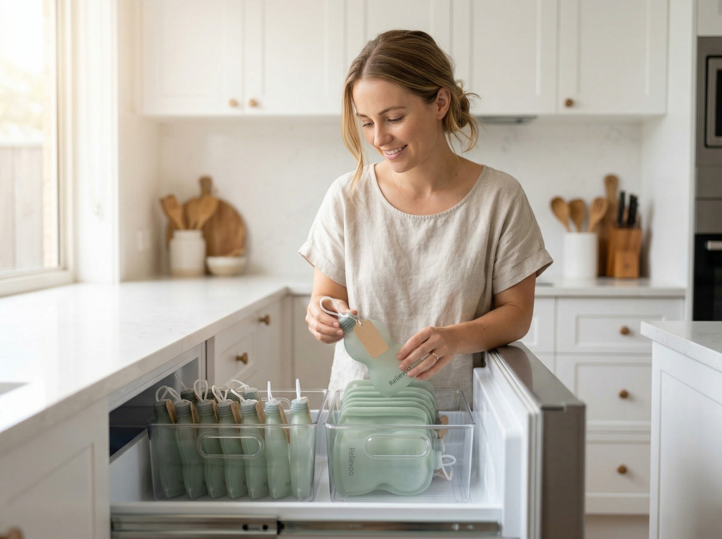 mom organising Relievoo silicone storage bags in freezer